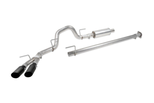 Roush 21-24 Ford F-150 5.0L V8 side exit catback exhaust with black tips, showcasing the polished metal and exhaust pipes.