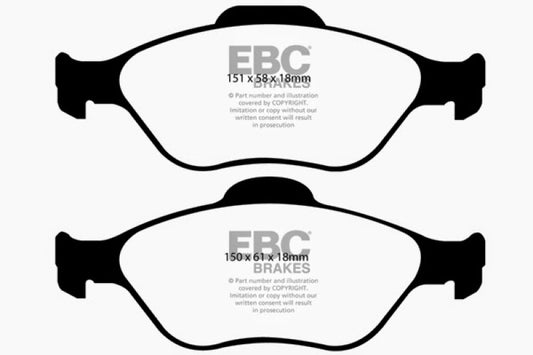 EBC Lotus 2-Eleven 1.8 Supercharged front brake pads, greenstuff performance brake pads with detailed friction surface and mounting hardware