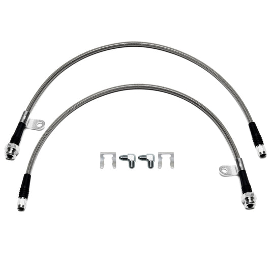 Wilwood 23-inch brake line kit with M10x1.0 hose fitting, -3 fitting, and bracket for vehicle brake system connection.