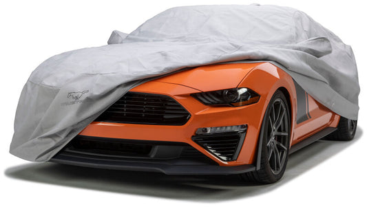 Covercraft custom 15-25 Ford Mustang all-climate softback car cover with official Ford license, designed for outdoor protection.