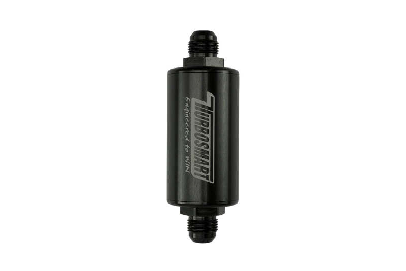 Black Turbosmart 10um 10AN inline fuel filter showing the compact filter body and inlet/outlet ports for automotive fuel systems.