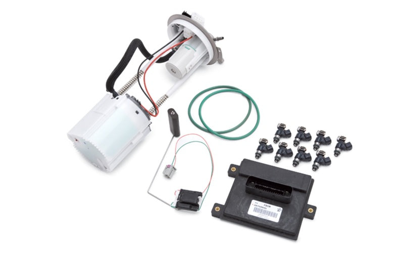 Edelbrock Supercharger Supplemental Fuel Pump Kit for GM trucks 2007-2009 6.0L/6.2L non-flex fuel engine, close-up view of pump components.