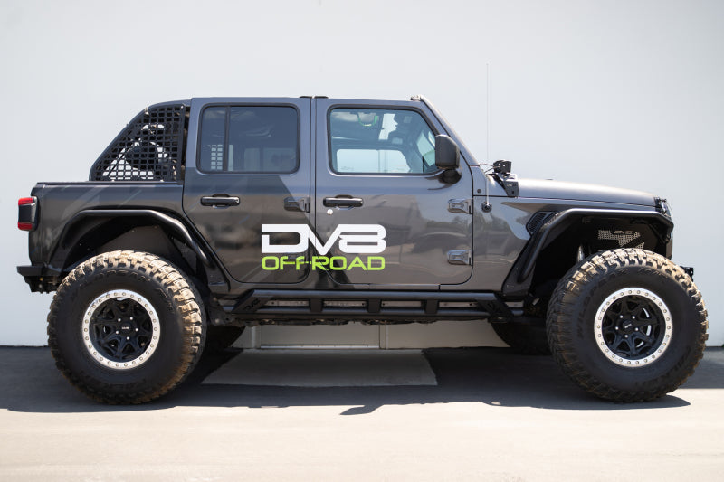 DV8 Offroad 18-23 Jeep Wrangler JL 4-door FS-15 series rock sliders mounted on vehicle body for protection and durability