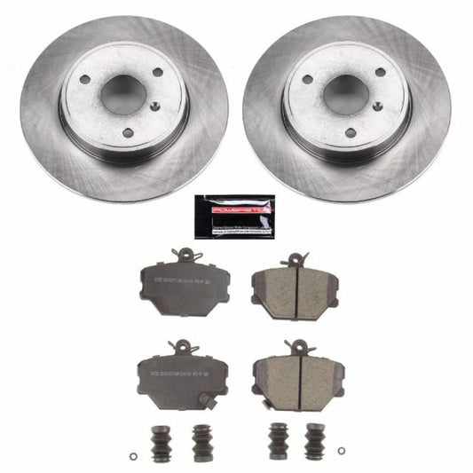 PowerStop OE front brake kit for Smart Fortwo, includes brake pads and rotors, installed on vehicle's front wheels.