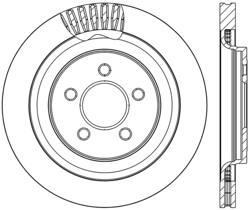 StopTech slotted brake rotor for 2015 Ford Mustang GT rear left side with Brembo brakes, showing the ventilated design and slots.