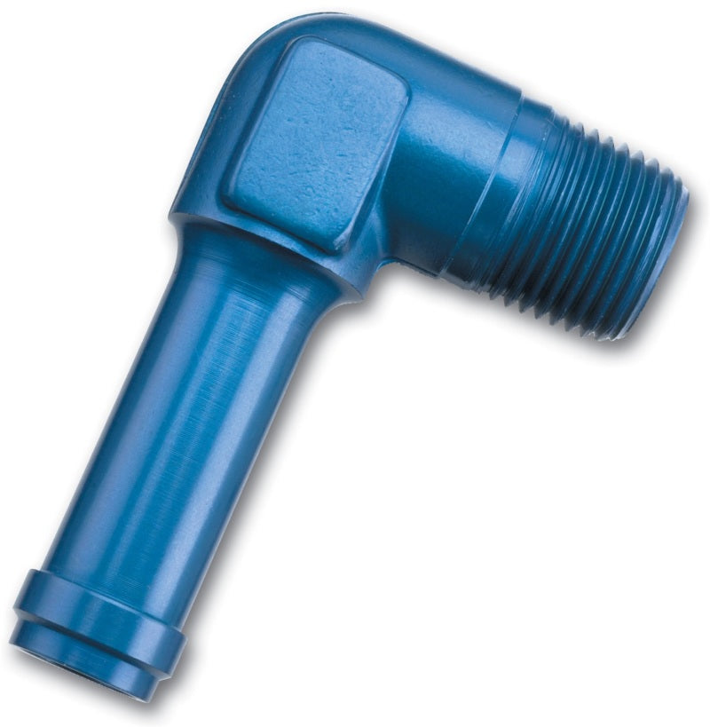 Russell Performance -4 AN 90-degree pipe to tube adapter fitting with 1/8 inch pipe and 1/4 inch tube connections, black finish.