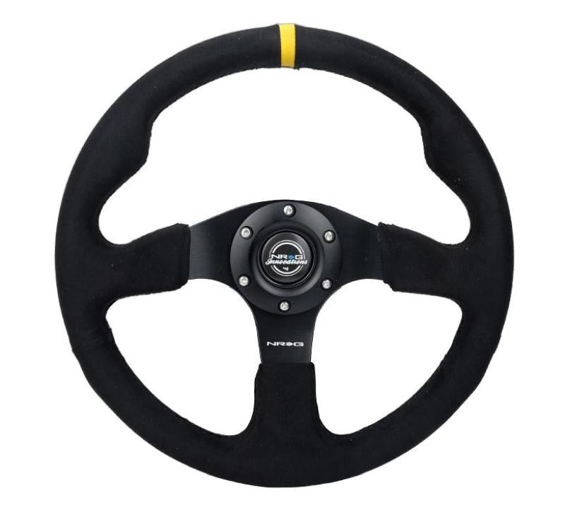 NRG reinforced Alcantara steering wheel with yellow center and black stitching, 350mm diameter, 3-inch deep for racing cars.