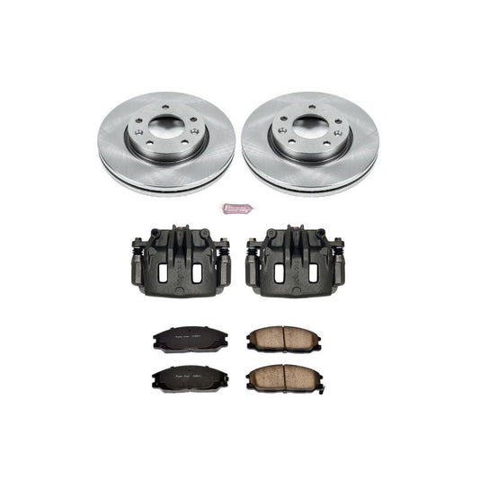 PowerStop OE front brake kit with calipers for Kia Sedona 2002-2004, including brake rotors and calipers, installed on vehicle.