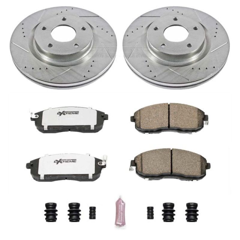 PowerStop Z26 Street Warrior front brake kit installed on a 2007-2013 Nissan Altima, featuring performance brake rotors and calipers.