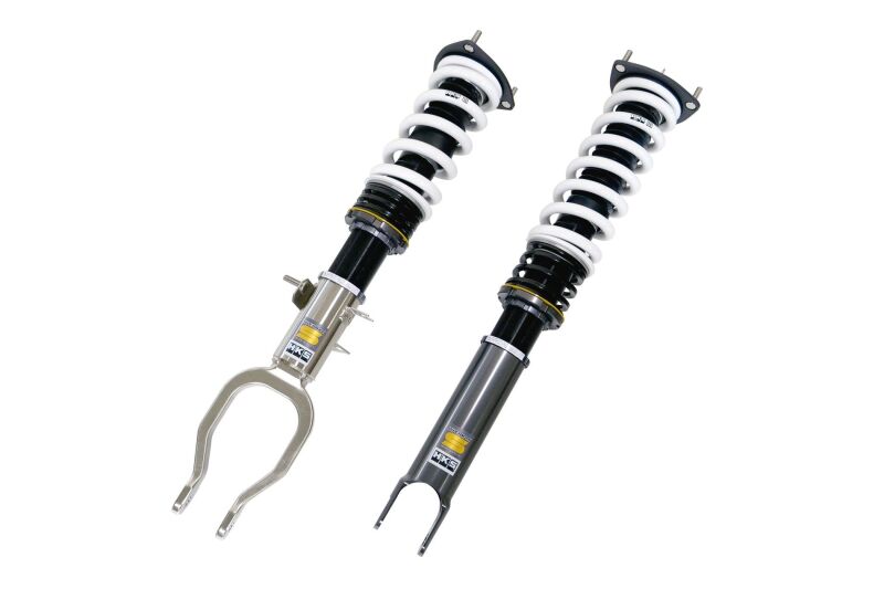 HKS HIPERMAX S coilover kit for R35 Nissan GT-R, showing adjustable shock absorbers and suspension components.