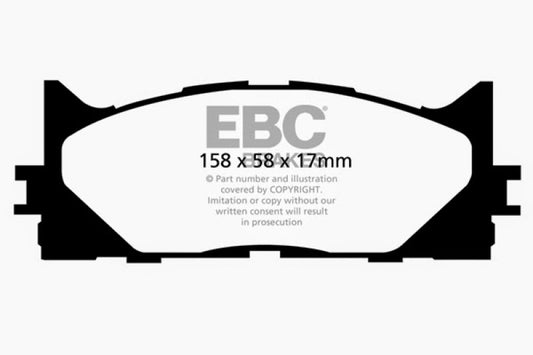 EBC 13+ Lexus ES300h 2.5 Hybrid Ultimax2 front brake pads, OE quality, with metal backing and friction material for reliable braking.