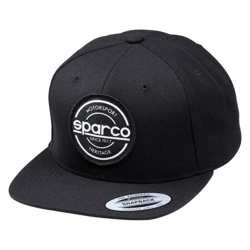 Black Sparco Cap with S-Patch Snapback, stylish headwear featuring adjustable snap closure and bold logo detail.