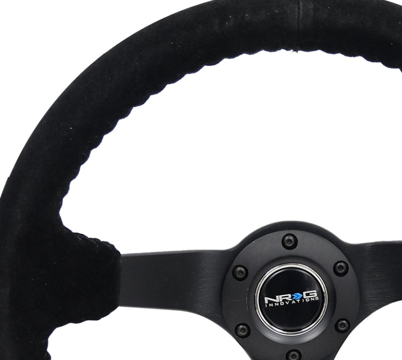NRG reinforced steering wheel with black suede grip, basketball stitching, 350mm diameter, matte black spoke, 3-inch deep design.