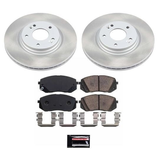 PowerStop 16-20 Kia Optima front semi-coated brake rotor kit with performance blank rotors on a vehicle wheel.