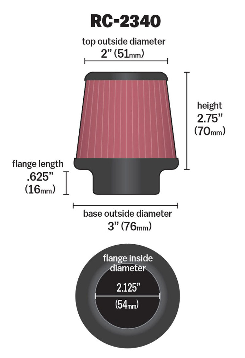 K&N universal chrome air filter with 2.125-inch flange, 3-inch base, 2-inch top, and 2.75-inch height for universal fit.