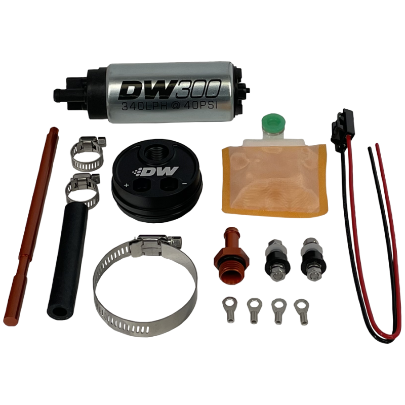 DeatschWerks 2.5L surge tank module with in-tank pump adapter and DW300 340lph fuel pump for automotive fuel systems.