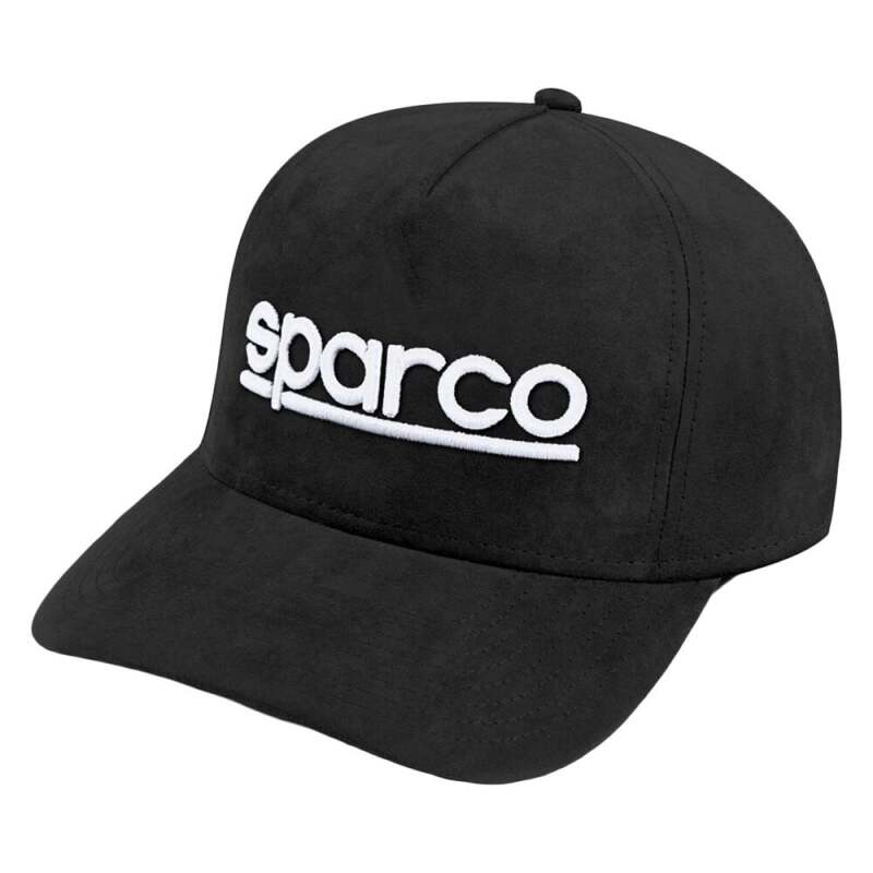 Black suede Sparco cap headwear with a curved brim and adjustable strap, featuring the Sparco logo on the front.