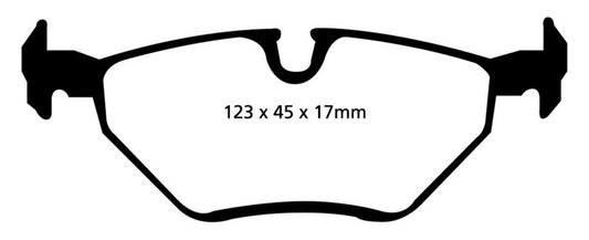 EBC Redstuff rear brake pads for BMW Z3 2.5, high-performance brake pads with red friction material, shown in the image.