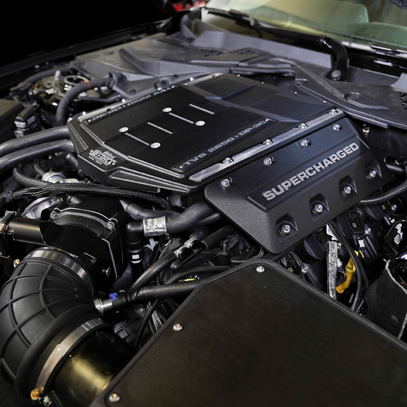 Edelbrock E-Force Supercharger for Chevrolet/GMC 6.2L Gen V trucks and SUVs, shown with black metal housing and mounting components.