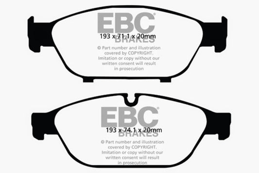 EBC 12+ Audi A6 Quattro 3.0 Supercharged Redstuff front performance brake pads with red friction material and metal backing plate