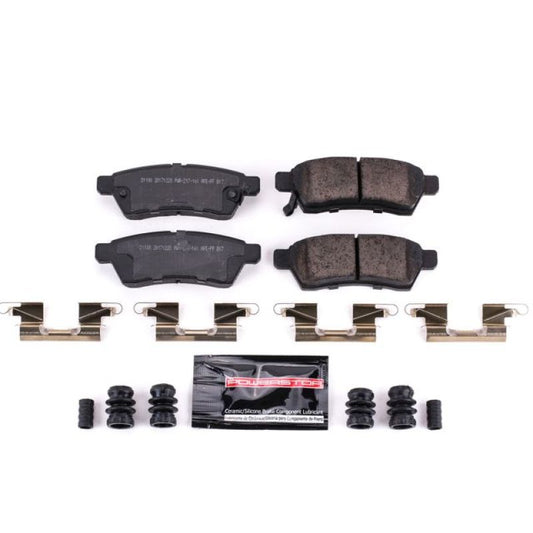 PowerStop Z23 Evolution Sport rear brake pads for Nissan Frontier, includes hardware, performance brake components.