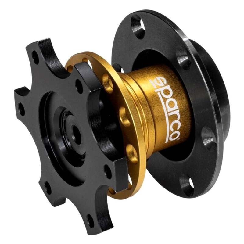 Sparco 6-bolt steering wheel quick release hub in gold for racing steering wheels, shown installed on a vehicle steering column.