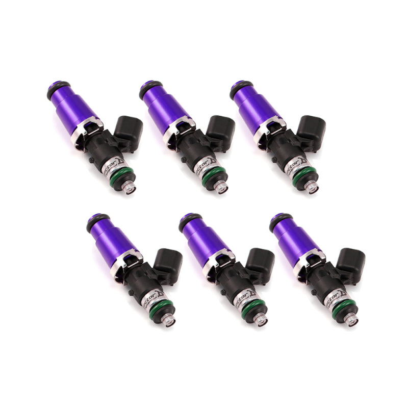 Set of six Injector Dynamics 1750-XDS fuel injectors with purple top, 60mm length, 14mm top and lower O-ring for 6-cylinder engines.