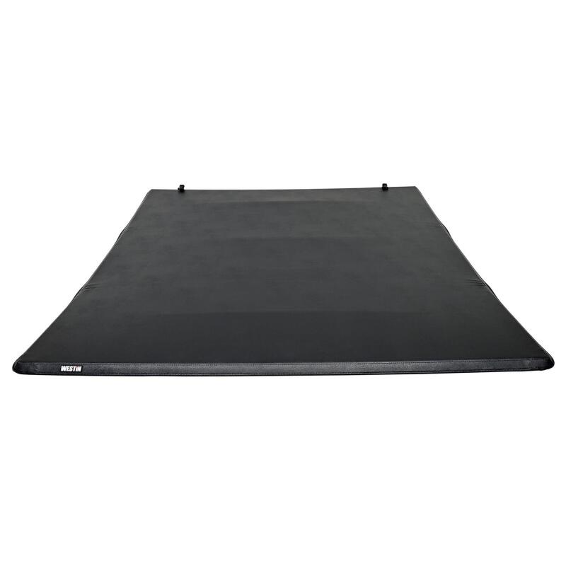 Westin 2024+ Toyota Tacoma 74-inch soft tri-fold tonneau cover installed on truck bed, protects cargo from weather and theft.
