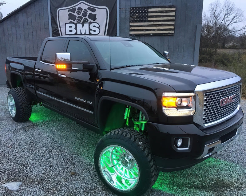 Oracle Lighting LED illuminated wheel rings with ColorSHIFT features, showcasing vibrant, multi-color light strips on vehicle wheels.
