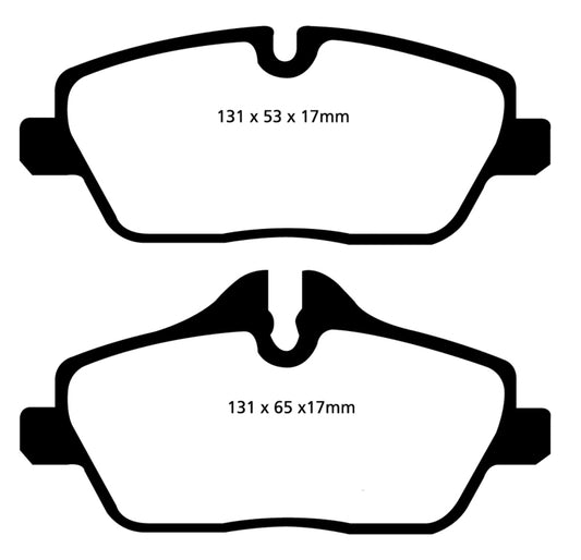 EBC 14+ Mini Hardtop Turbo Cooper red performance front brake pads, showing the EBC Redstuff brake pads for enhanced braking.