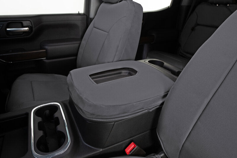Covercraft Endura PrecisionFit custom second row seat covers for Toyota Grand Highlander in black fabric, tailored fit for rear seats.