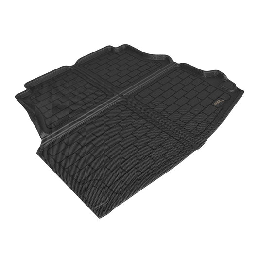 Black 3D MAXpider rubber cargo mat with foldable design and cargo net for Mercedes-Benz C Class 2022 interior.