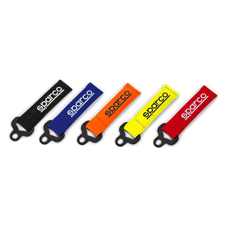 Blue leather Sparco keychain with engraved SPARCO logo, featuring a sleek and durable design for car enthusiasts.