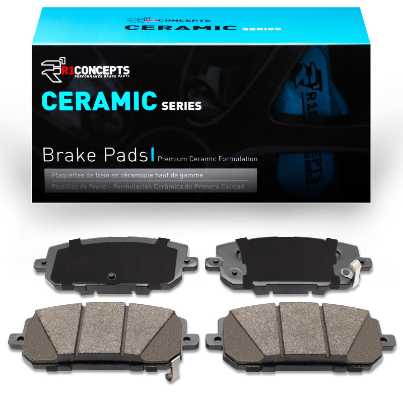 R1 Concepts Mazda CX-50 front ceramic brake pads, OE style, shown in the image with brake pad components and packaging.