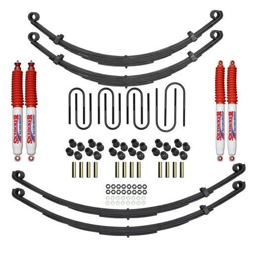 Skyjacker lift kit for Scout II 74-80 with 4-foot suspension system and nitrogen shocks, showing assembled components and parts.