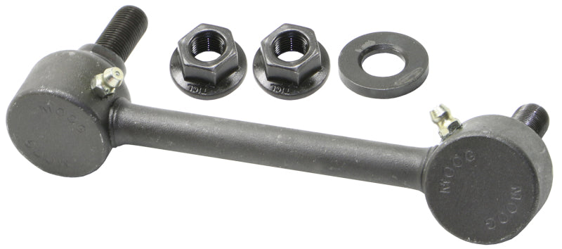 Moog rear right sway bar endlink for Lexus IS300 2016-2019, close-up of the metal sway bar link with mounting bushings.