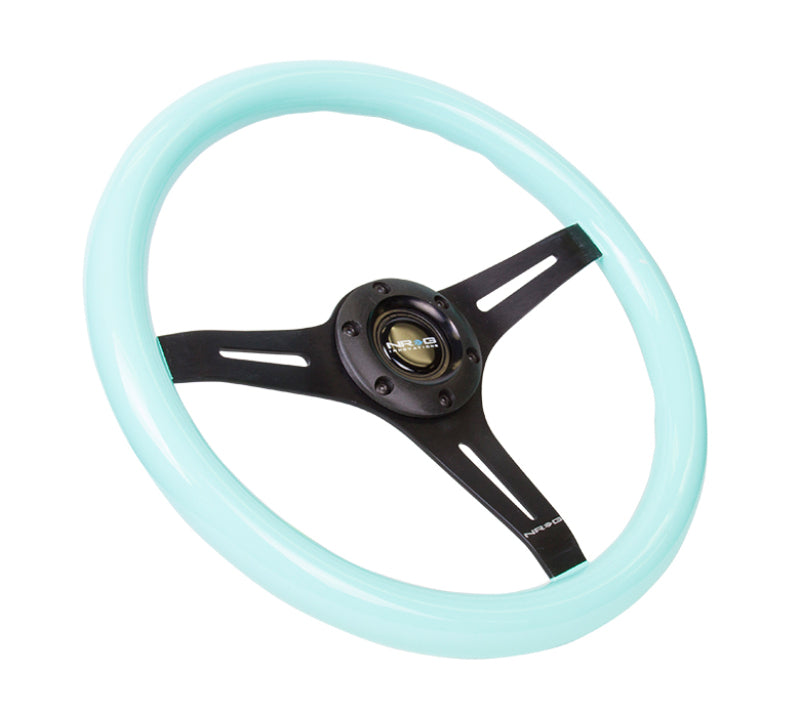 NRG Classic wood grain steering wheel with minty fresh color grip and black 3-spoke center, 350mm diameter.