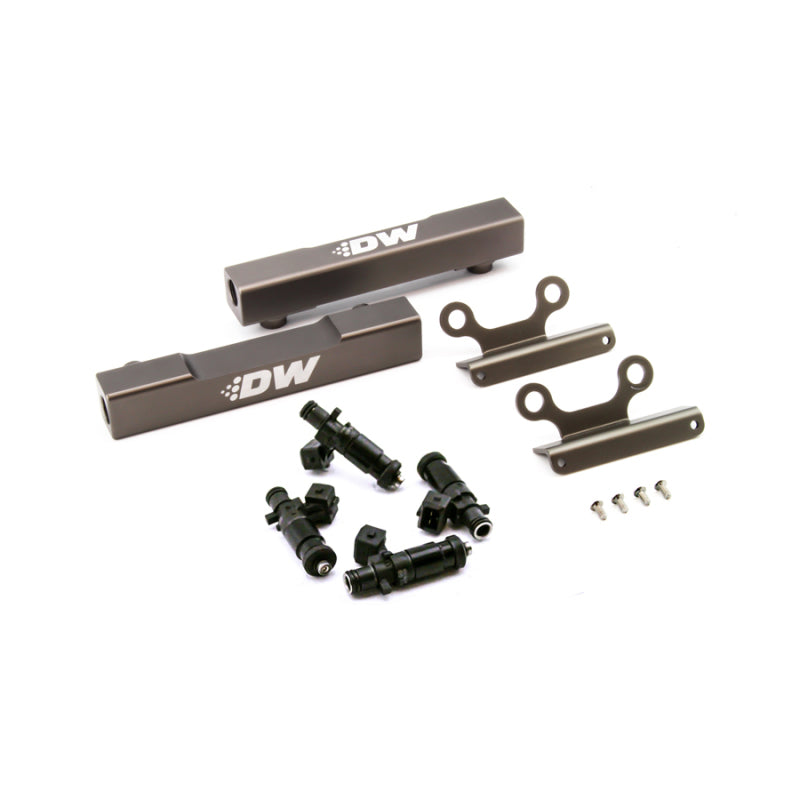 DeatschWerks 02+ Subaru WRX and STI fuel rail upgrade kit with 1200cc injectors, featuring top feed fuel rails for performance.