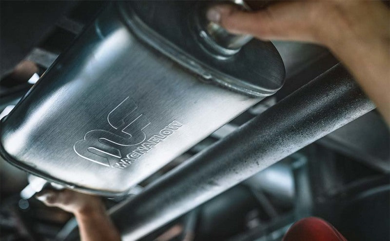 MagnaFlow Mag DSL SS muffler with 7x7x14-inch dimensions, 5-inch inlet and outlet, stainless steel exhaust muffler.