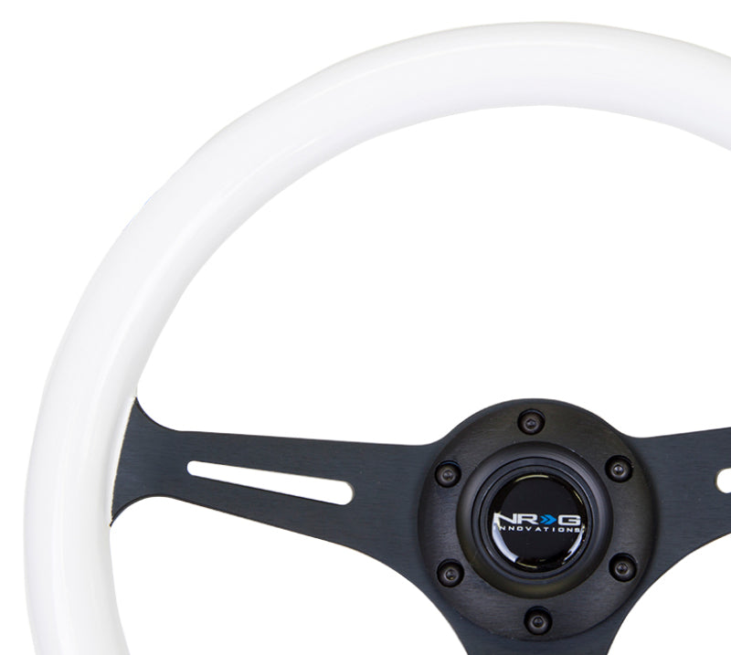 NRG Classic 350mm wood grain steering wheel with glow-in-the-dark green grip and black 3-spoke center, car accessory.