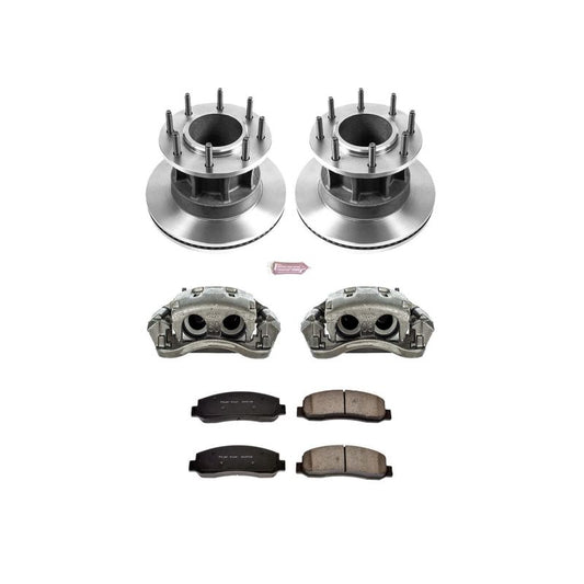 PowerStop OE brake rotors with calipers for 2007-2011 Ford F-350 Super Duty front autospecialty kit, showing new brake components.