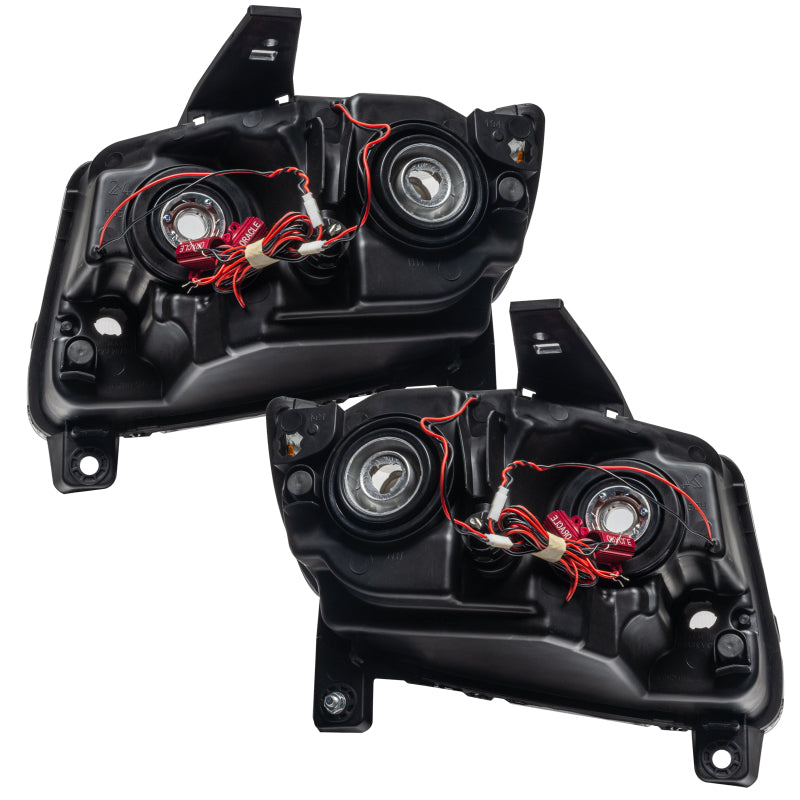 Oracle Lighting chrome Jeep Grand Cherokee headlights with blue halos, non-HID, pre-assembled for models 2011-2013.