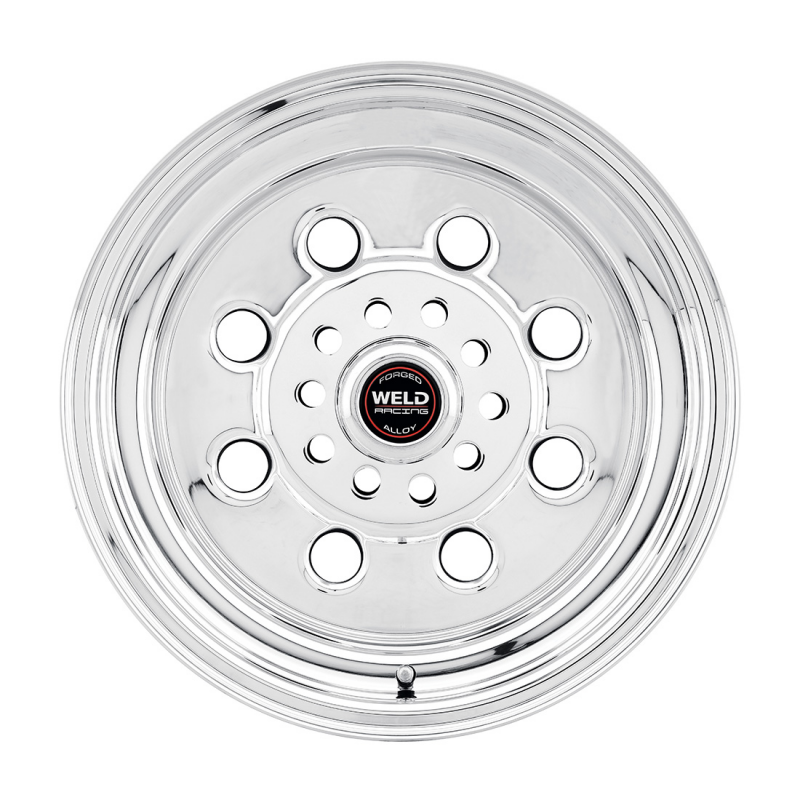 Polished Weld Draglite 15x9 forged wheel with 5x114.3 bolt pattern, 6.5 inch backspacing, and 3.18 hub bore.