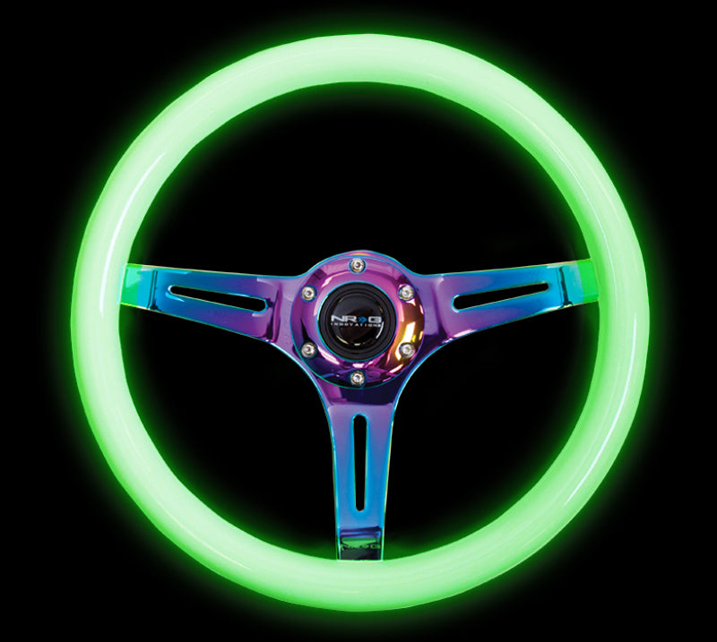 NRG Classic Wood Grain Steering Wheel with glow-in-the-dark green grip and Neochrome 3-spoke center for sports cars or racing vehicles