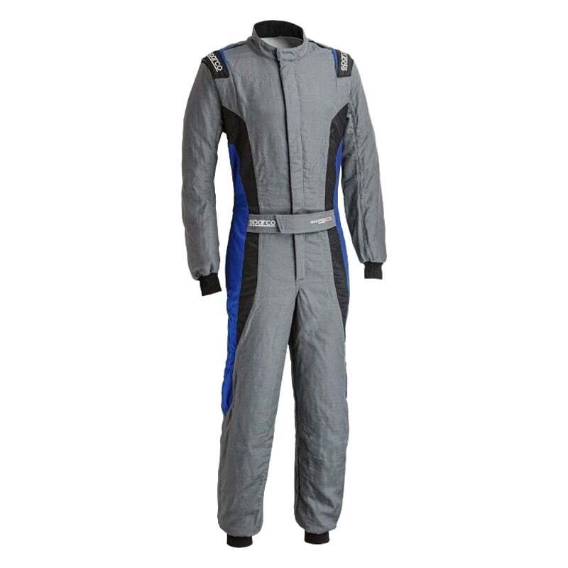 Sparco Victory PRO 60 racing suit in gray and blue with racing suit design and logo, used for motorsport safety and competition.
