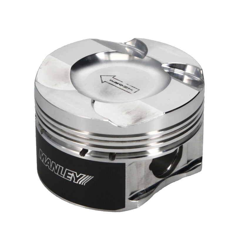 Manley Performance BMW N55/S55 37cc Platinum Series forged dish piston for high-performance engine, shown in close-up.