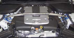 Cusco strut bar for Infiniti G37 coupe, G35 sedan, and Q60 with CKV36, NJ50 chassis, enhancing vehicle stability and performance.