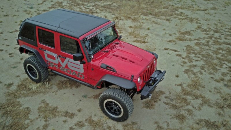 DV8 Offroad Jeep Wrangler JK metal heat dispersion hood in primer black, with vented design and rugged off-road style.