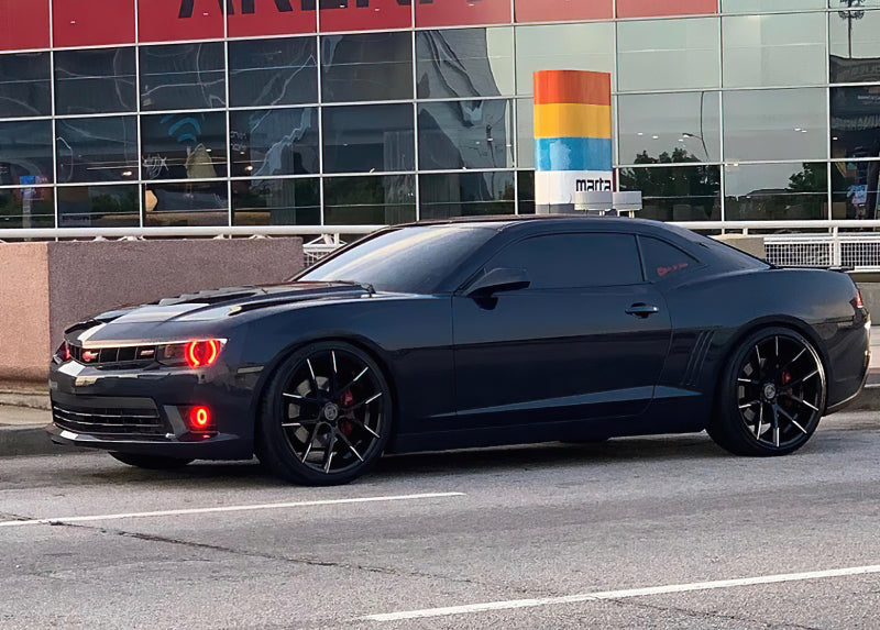 Oracle Chevrolet Camaro LED round headlight halo kit with red accents, designed for 2014-2015 non-RS models, showcasing the halo rings.