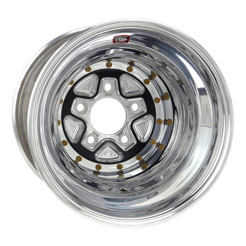 Weld Alumastar Pro 16x16 forged wheels with black centers and polished shells, 5x5.5 bolt pattern, black double bead lock design.